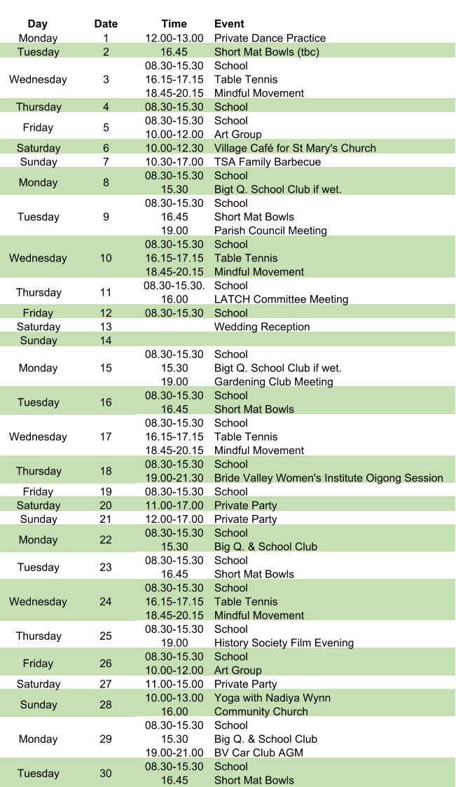Day Date Time Event Monday 1 12.00-13.00 Private Dance Practice Tuesday 2 16.45 Short Mat Bowls (tbc) Wednesday 3 08.30-15.30 16.15-17.15 18.45-20.15 School Table Tennis Mindful Movement Thursday 4 08.30-15.30 School Friday 5 08.30-15.30 10.00-12.00 School Art Group Saturday 6 10.00-12.30 Village Café for St Mary's Church Sunday 7 10.30-17.00 TSA Family Barbecue Monday 8 08.30-15.30 15.30 School Bigt Q. School Club if wet. Tuesday 9 08.30-15.30 16.45 19.00 School Short Mat Bowls Parish Council Meeting Wednesday 10 08.30-15.30 16.15-17.15 18.45-20.15 School Table Tennis Mindful Movement Thursday 11 08.30-15.30. 16.00 School LATCH Committee Meeting Friday 12 08.30-15.30 School Saturday 13 Wedding Reception Sunday 14 Monday 15 08.30-15.30 15.30 19.00 School Bigt Q. School Club if wet. Gardening Club Meeting Tuesday 16 08.30-15.30 16.45     School Short Mat Bowls Wednesday 17 08.30-15.30 16.15-17.15 18.45-20.15 School Table Tennis Mindful Movement Thursday 18 08.30-15.30 19.00-21.30 School Bride Valley Women's Institute Oigong Session Friday 19 08.30-15.30 School Saturday 20 11.00-17.00 Private Party Sunday 21 12.00-17.00 Private Party Monday 22 08.30-15.30 15.30 School Big Q. & School Club Tuesday 23 08.30-15.30 16.45 School Short Mat Bowls Wednesday 24 08.30-15.30 16.15-17.15 18.45-20.15 School Table Tennis Mindful Movement Thursday 25 08.30-15.30 19.00 School History Society Film Evening Friday 26 08.30-15.30 10.00-12.00 School Art Group Saturday 27 11.00-15.00 Private Party Sunday 28 10.00-13.00 16.00 Yoga with Nadiya Wynn Community Church Monday 29 08.30-15.30 15.30 19.00-21.00 School Big Q. & School Club BV Car Club AGM Tuesday 30 08.30-15.30 16.45     School Short Mat Bowls