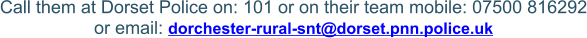 Call them at Dorset Police on: 101 or on their team mobile: 07500 816292or email: dorchester-rural-snt@dorset.pnn.police.uk 