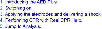 1. Introducing the AED Plus. 2. Switching on. 3. Applying the electrodes and delivering a shock. 4. Performing CPR with Real CPR Help. 5. Jump to Analysis.