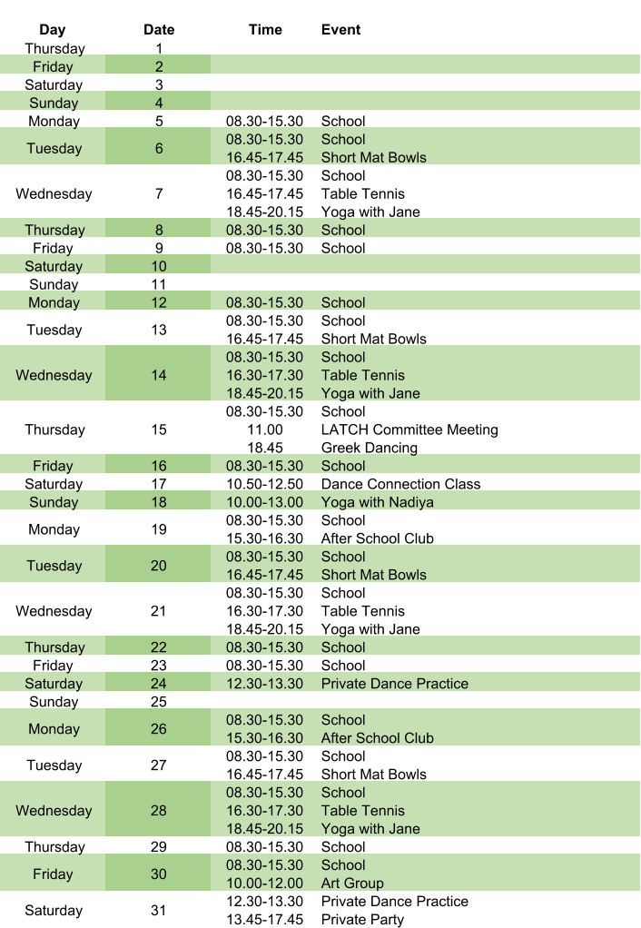 Day Date Time Event Thursday 1 Friday 2 Saturday 3 Sunday 4 Monday 5 08.30-15.30 School Tuesday 6 08.30-15.30 16.45-17.45 School Short Mat Bowls Wednesday 7 08.30-15.30 16.45-17.45 18.45-20.15 School Table Tennis Yoga with Jane Thursday 8 08.30-15.30 School Friday 9 08.30-15.30 School Saturday 10 Sunday 11 Monday 12 08.30-15.30 School Tuesday 13 08.30-15.30 16.45-17.45 School Short Mat Bowls Wednesday 14 08.30-15.30 16.30-17.30 18.45-20.15 School Table Tennis Yoga with Jane Thursday 15 08.30-15.30 11.00 18.45 School LATCH Committee Meeting Greek Dancing Friday 16 08.30-15.30 School Saturday 17 10.50-12.50 Dance Connection Class Sunday 18 10.00-13.00 Yoga with Nadiya Monday 19 08.30-15.30 15.30-16.30 School After School Club Tuesday 20 08.30-15.30 16.45-17.45 School Short Mat Bowls Wednesday 21 08.30-15.30 16.30-17.30 18.45-20.15 School Table Tennis Yoga with Jane Thursday 22 08.30-15.30 School Friday 23 08.30-15.30 School Saturday 24 12.30-13.30 Private Dance Practice Sunday 25 Monday 26 08.30-15.30 15.30-16.30 School After School Club Tuesday 27 08.30-15.30 16.45-17.45 School Short Mat Bowls Wednesday 28 08.30-15.30 16.30-17.30 18.45-20.15 School Table Tennis Yoga with Jane Thursday 29 08.30-15.30 School Friday 30 08.30-15.30 10.00-12.00 School Art Group Saturday 31 12.30-13.30 13.45-17.45 Private Dance Practice Private Party