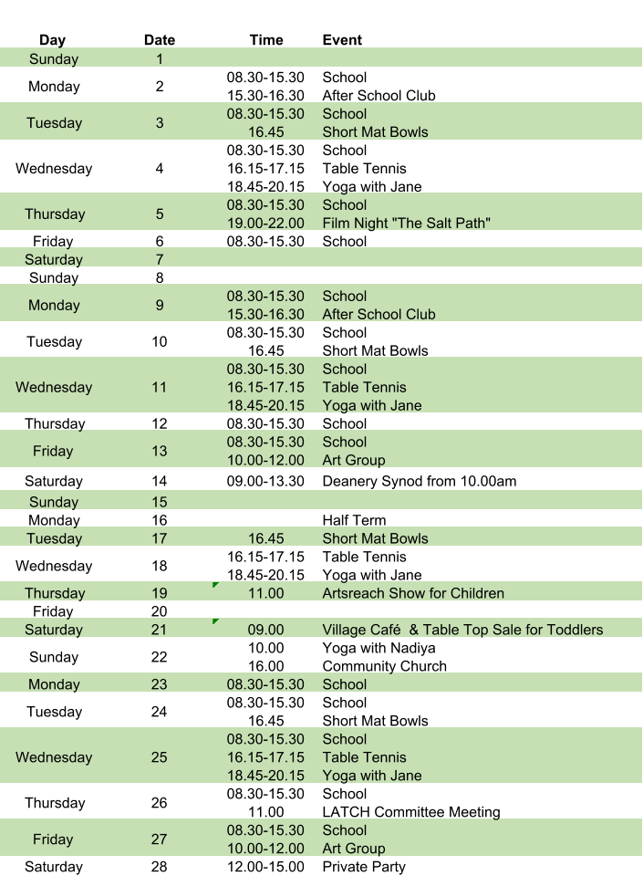 Day Date Time Event Sunday 1 Monday 2 08.30-15.30 15.30-16.30 School After School Club Tuesday 3 08.30-15.30 16.45 School Short Mat Bowls Wednesday 4 08.30-15.30 16.15-17.15 18.45-20.15 School Table Tennis Yoga with Jane Thursday 5 08.30-15.30 19.00-22.00 School Film Night "The Salt Path" Friday 6 08.30-15.30 School Saturday 7 Sunday 8 Monday 9 08.30-15.30 15.30-16.30 School After School Club Tuesday 10 08.30-15.30 16.45 School Short Mat Bowls Wednesday 11 08.30-15.30 16.15-17.15 18.45-20.15 School Table Tennis Yoga with Jane Thursday 12 08.30-15.30 School Friday 13 08.30-15.30 10.00-12.00 School Art Group Saturday 14 09.00-13.30 Deanery Synod from 10.00am Sunday 15 Monday 16 Half Term Tuesday 17 16.45 Short Mat Bowls Wednesday 18 16.15-17.15 18.45-20.15 Table Tennis Yoga with Jane Thursday 19 11.00 Artsreach Show for Children Friday 20 Saturday 21 09.00 Village Café  & Table Top Sale for Toddlers Sunday 22 10.00 16.00 Yoga with Nadiya Community Church Monday 23 08.30-15.30 School Tuesday 24 08.30-15.30 16.45 School Short Mat Bowls Wednesday 25 08.30-15.30 16.15-17.15 18.45-20.15 School Table Tennis Yoga with Jane Thursday 26 08.30-15.30 11.00 School LATCH Committee Meeting Friday 27 08.30-15.30 10.00-12.00 School Art Group Saturday 28 12.00-15.00 Private Party