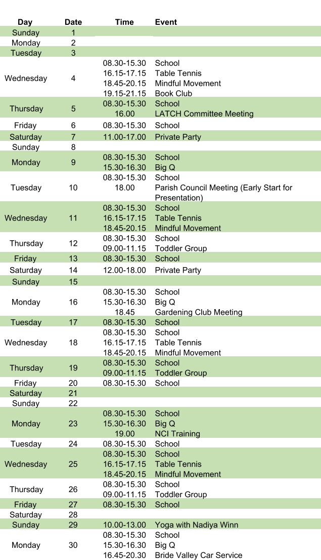 Day Date Time Event Sunday 1 Monday 2 Tuesday 3 Wednesday 4 08.30-15.30 16.15-17.15 18.45-20.15 19.15-21.15 School Table Tennis Mindful Movement Book Club Thursday 5 08.30-15.30 16.00 School LATCH Committee Meeting Friday 6 08.30-15.30 School Saturday 7 11.00-17.00 Private Party Sunday 8 Monday 9 08.30-15.30 15.30-16.30 School Big Q Tuesday 10 08.30-15.30 18.00 School Parish Council Meeting (Early Start for  Presentation) Wednesday 11 08.30-15.30 16.15-17.15 18.45-20.15 School Table Tennis Mindful Movement Thursday 12 08.30-15.30 09.00-11.15 School Toddler Group Friday 13 08.30-15.30 School Saturday 14 12.00-18.00 Private Party Sunday 15 Monday 16 08.30-15.30 15.30-16.30 18.45 School Big Q Gardening Club Meeting Tuesday 17 08.30-15.30 School Wednesday 18 08.30-15.30 16.15-17.15 18.45-20.15 School Table Tennis Mindful Movement Thursday 19 08.30-15.30 09.00-11.15 School Toddler Group Friday 20 08.30-15.30 School Saturday 21 Sunday 22 Monday 23 08.30-15.30 15.30-16.30 19.00 School Big Q NCI Training Tuesday 24 08.30-15.30 School Wednesday 25 08.30-15.30 16.15-17.15 18.45-20.15 School Table Tennis Mindful Movement Thursday 26 08.30-15.30 09.00-11.15 School Toddler Group Friday 27 08.30-15.30 School Saturday 28 Sunday 29 10.00-13.00 Yoga with Nadiya Winn Monday 30 08.30-15.30 15.30-16.30 16.45-20.30 School Big Q Bride Valley Car Service